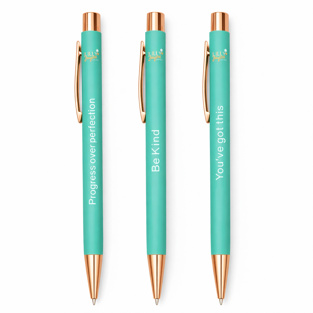 Three teal pens with rose gold accents and motivational quotes on a white background