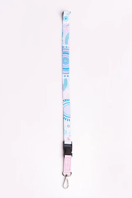 Lanyard with a blue and pink pattern on a white background