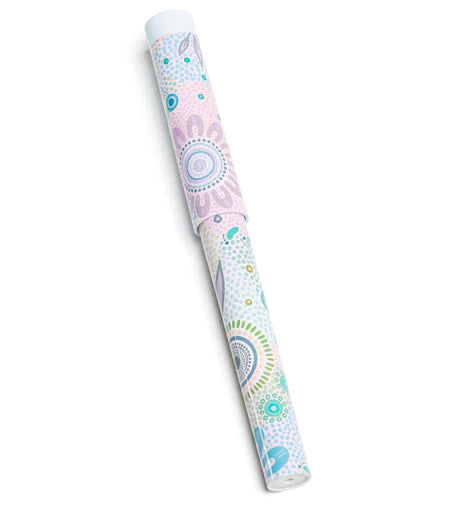 Colorful cylindrical product with patterns on a white background
