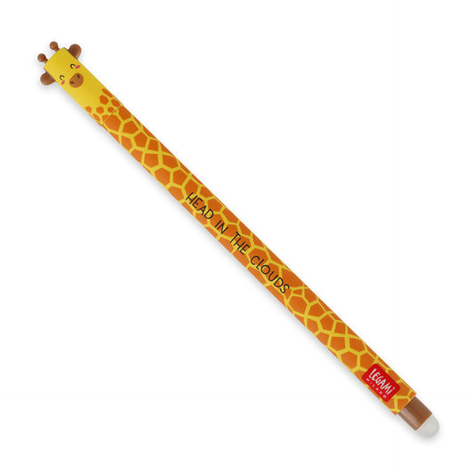 Giraffe-patterned pencil with text on a white background