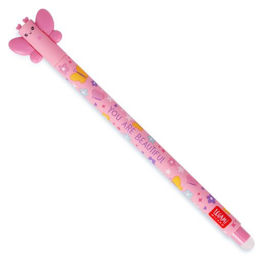 Pink butterfly-themed pen with decorative text on a white background