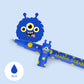 Blue pen with cartoon monster design on a light blue background