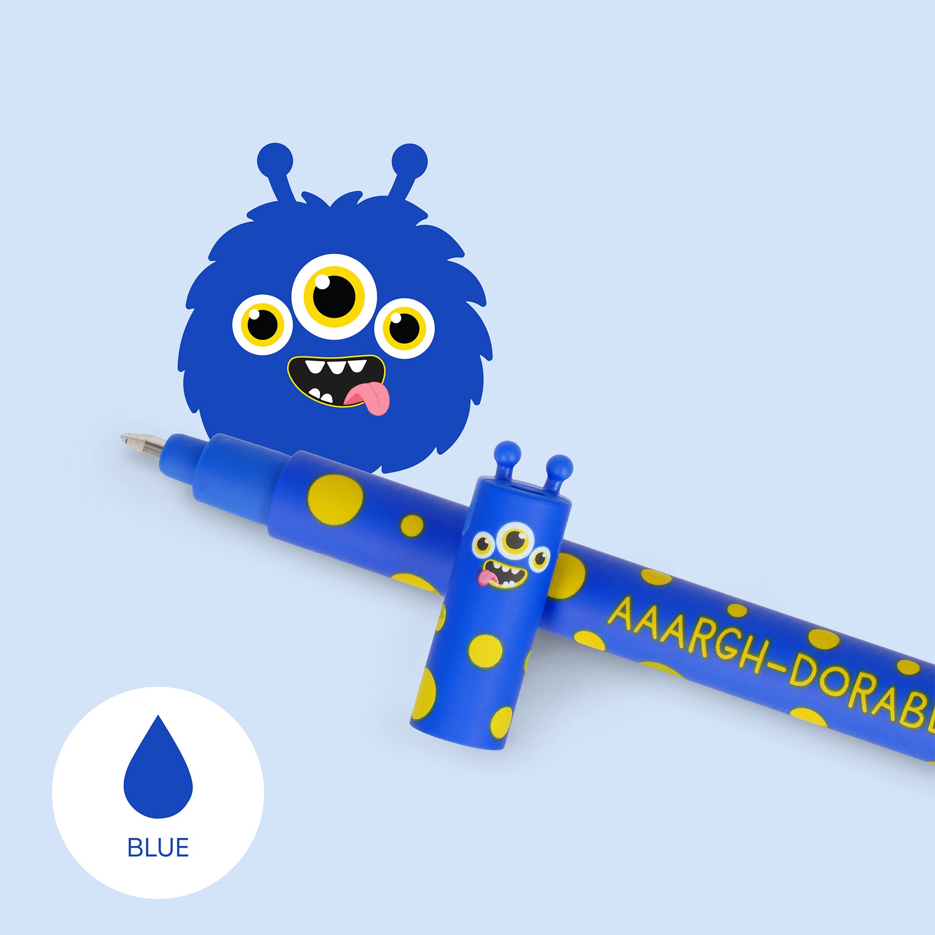 Blue pen with cartoon monster design on a light blue background