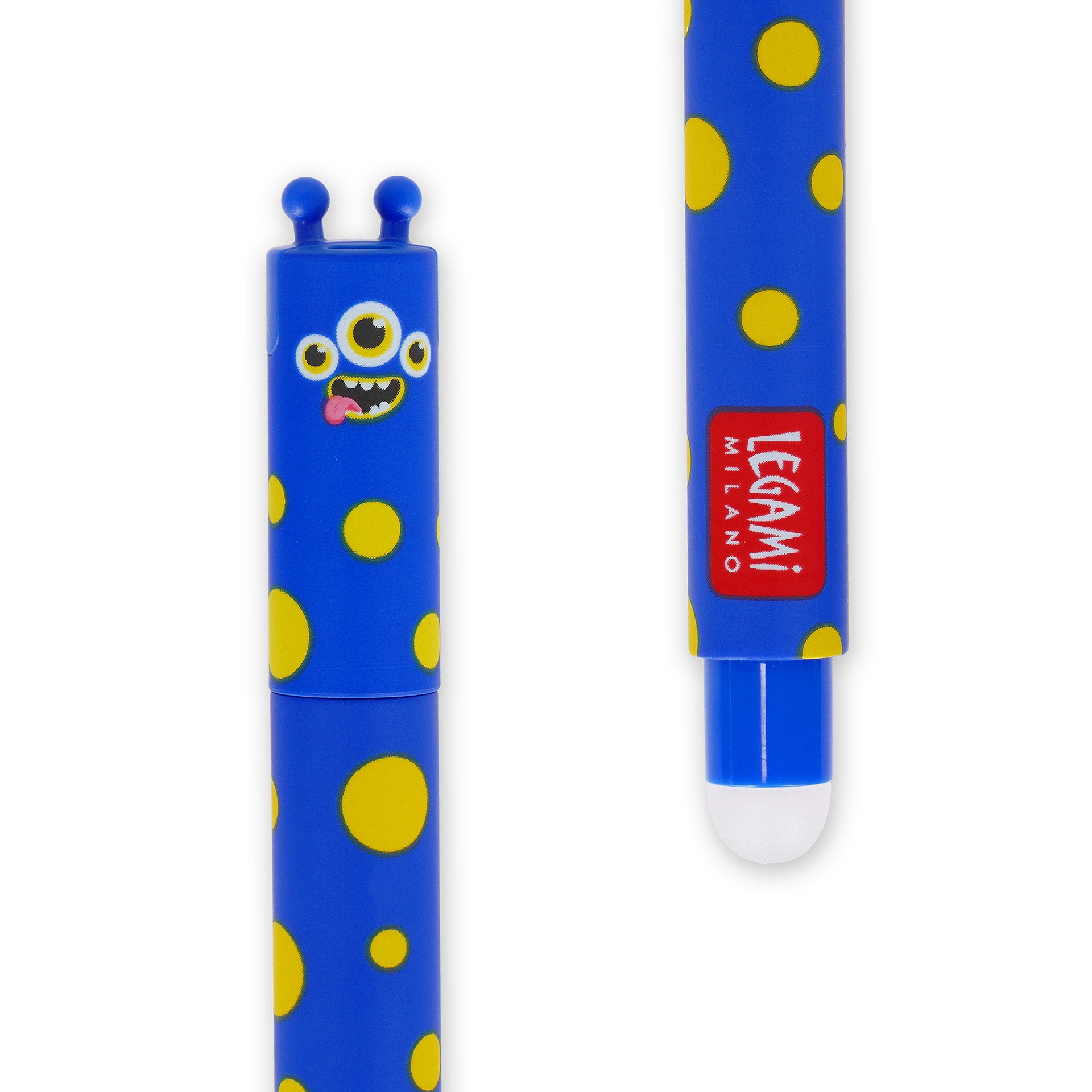 Blue pen with yellow polka dots and a cartoon character on a white background