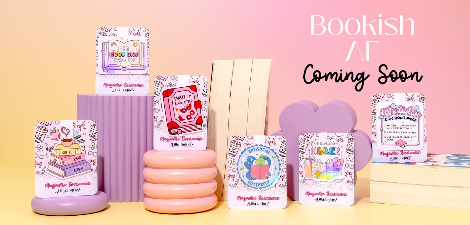 Collection of book-themed products with 'Bookish AF Coming Soon' text on a pink background