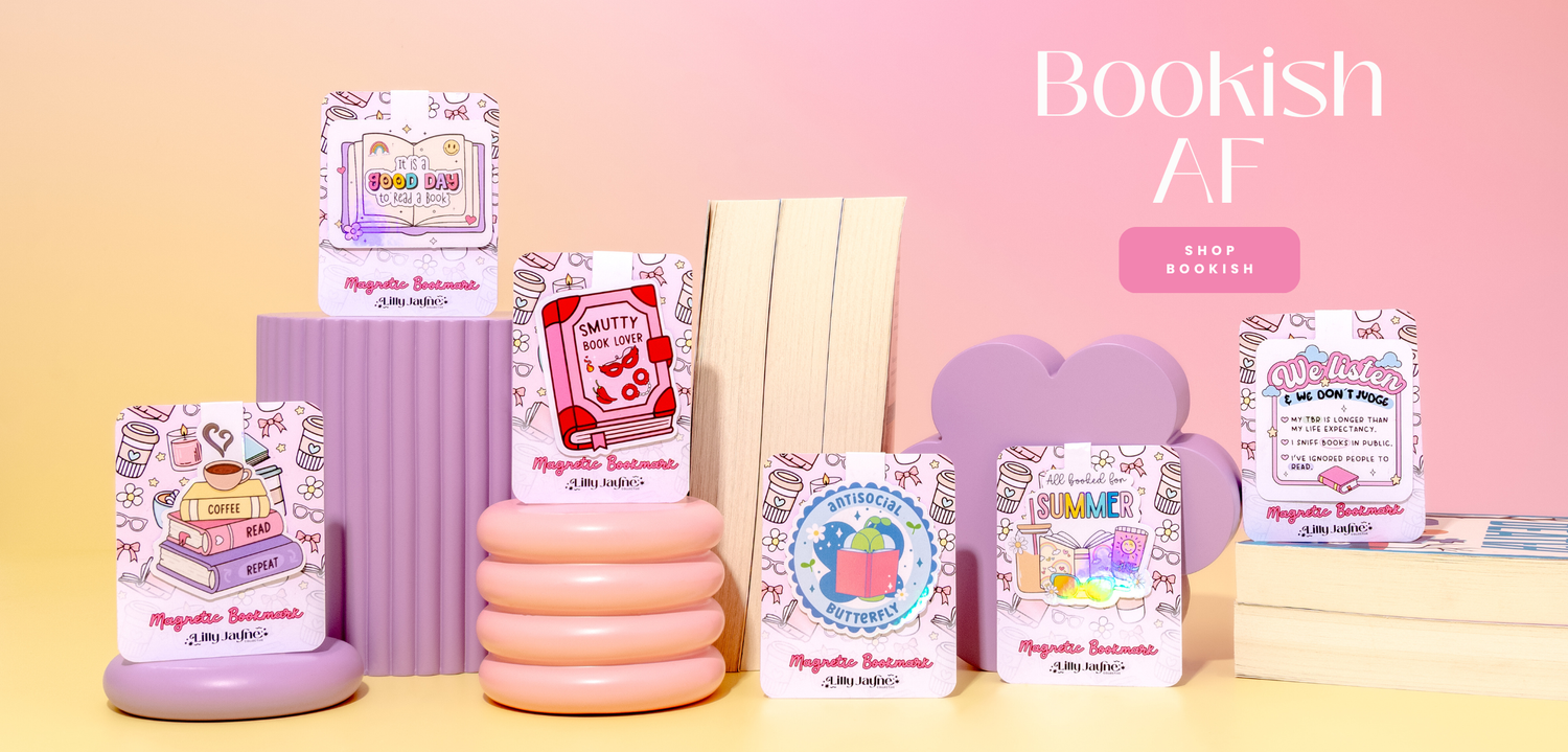 Collection of 'Bookish AF' themed stationery items on a pink background with 'Bookish AF' text.