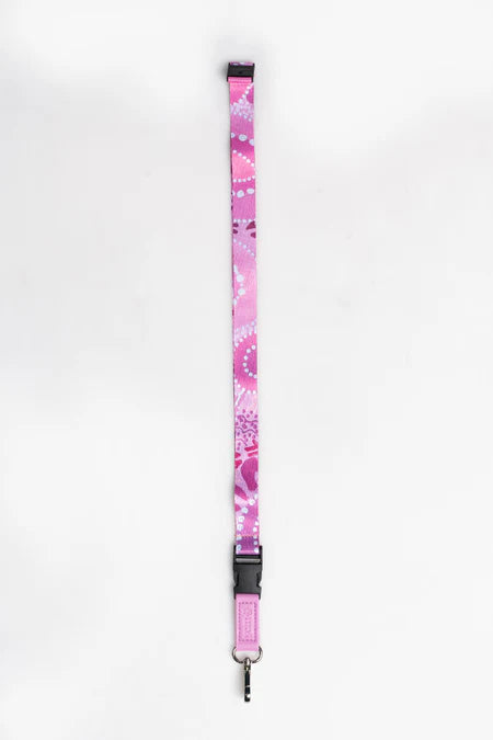 Pink floral patterned lanyard on a white background