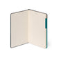 Open notebook with teal binding on a white background