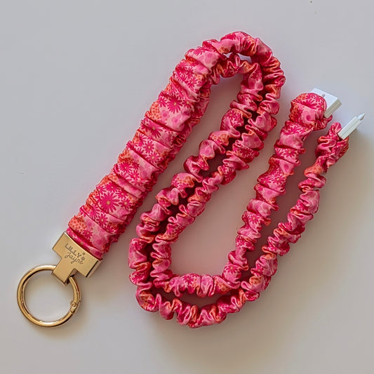pink scrunchie lanyard with gold Lilly jayne collective brand clip