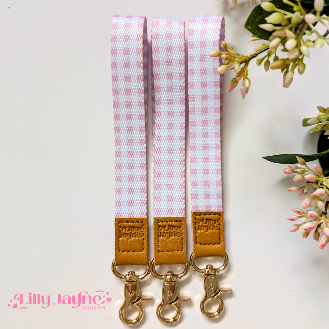 3 x Pink Gingham Wristlet with tan branded accent and gold clasp