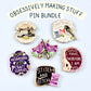 Collection of pins with various designs and text on a light blue background, labeled 'Obsessively Making Stuff Pin Bundle'.