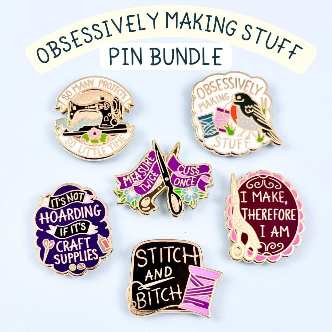 Collection of pins with various designs and text on a light blue background, labeled 'Obsessively Making Stuff Pin Bundle'.