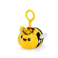 Plush bee keychain with a yellow background
