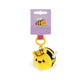 Plush bee keychain with a tag on a white background
