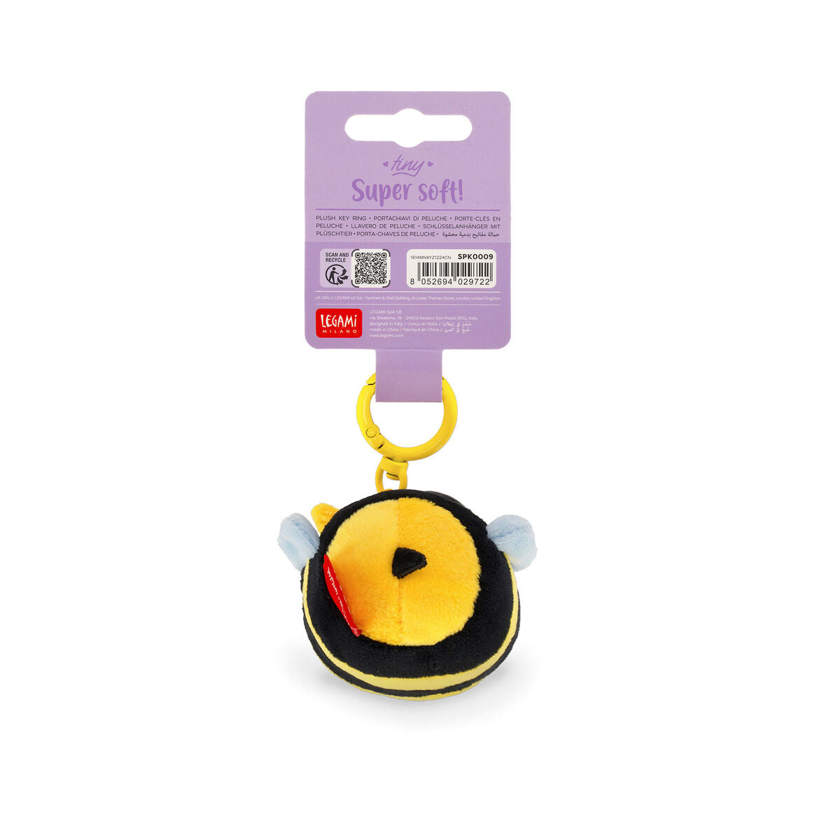 Plush bee-shaped keychain with a purple tag on a white background