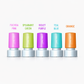 Five colorful lip balm containers with labels on a white background