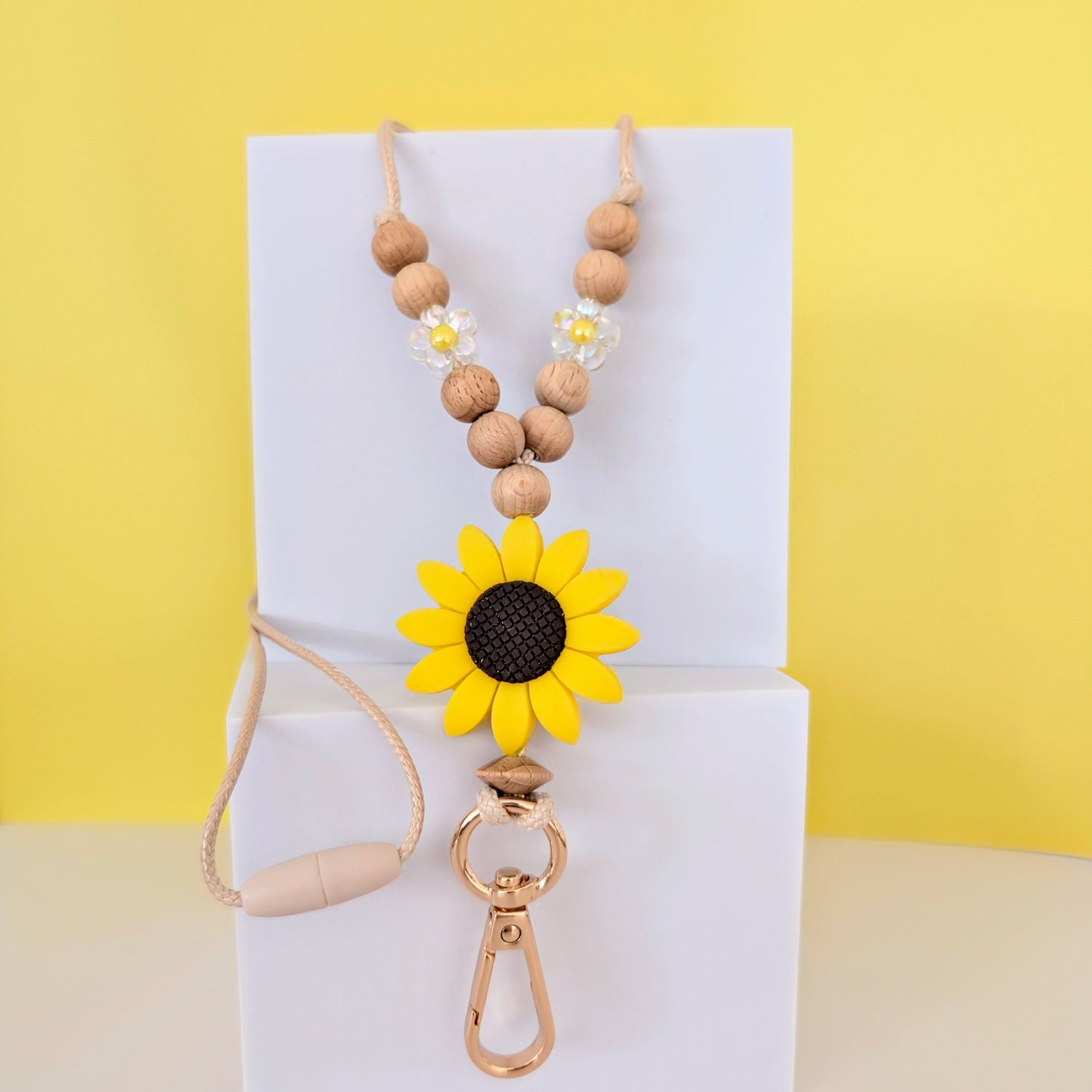 Sunflower Lanyard Wooden round beads with Silver Clip and Breakaway Clasp. 