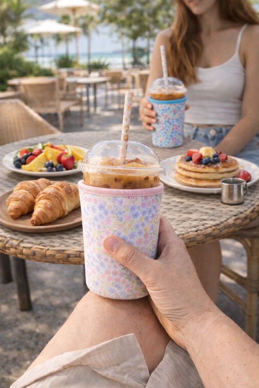 Pastel Garden - Rayni Cup Cozy – Pink & Floral Reusable Coffee Sleeve (16oz)