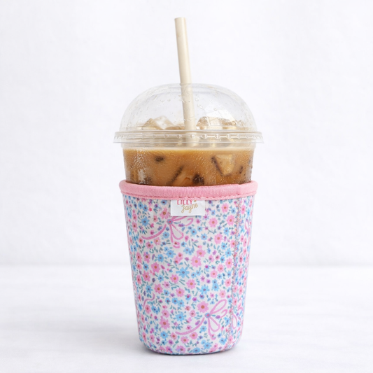 Floral Bow - Rayni Cup Cozy – Pink & Floral Reusable Coffee Sleeve (16oz)