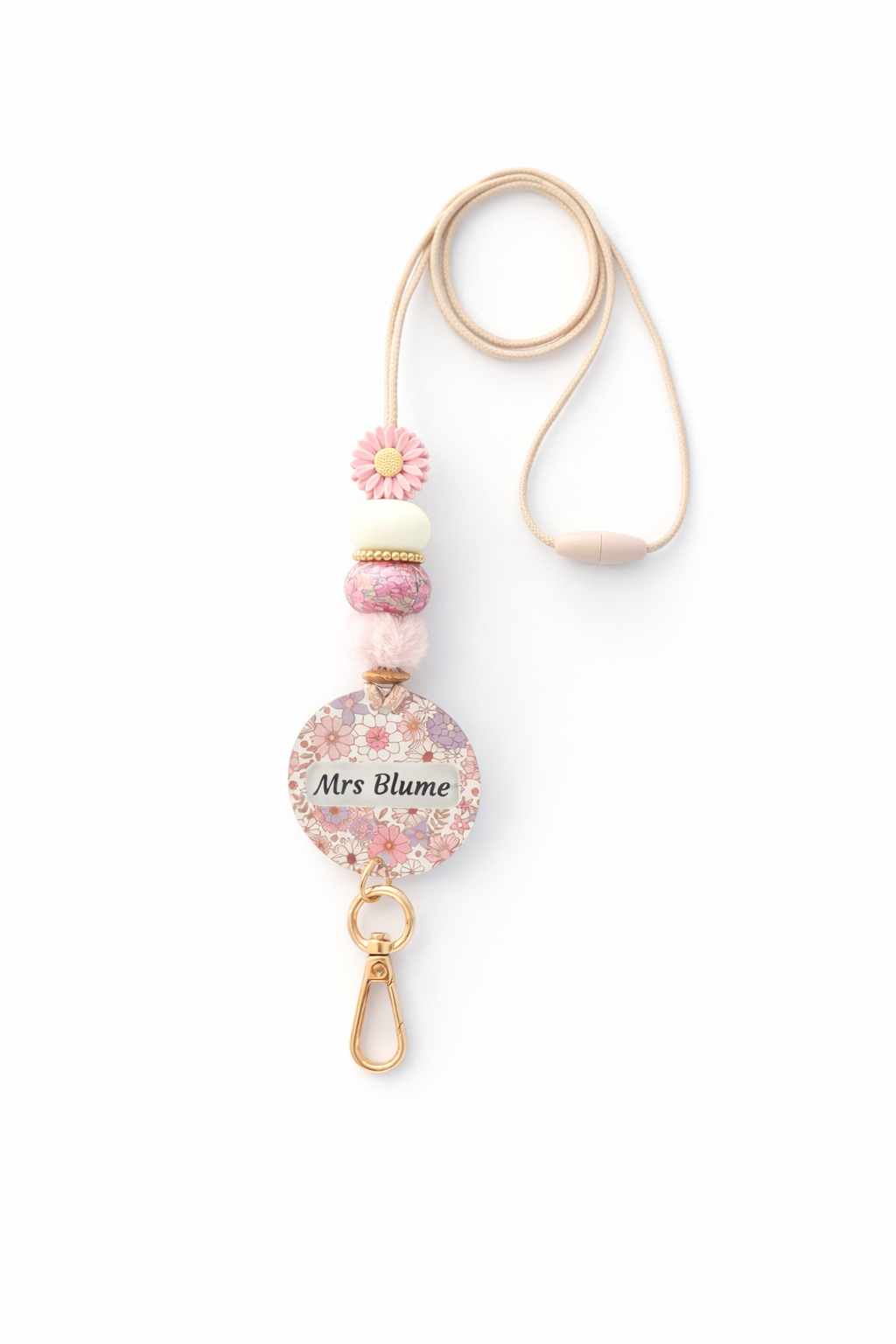 Phone lanyard with floral design and 'Mrs Blume' text on a white background