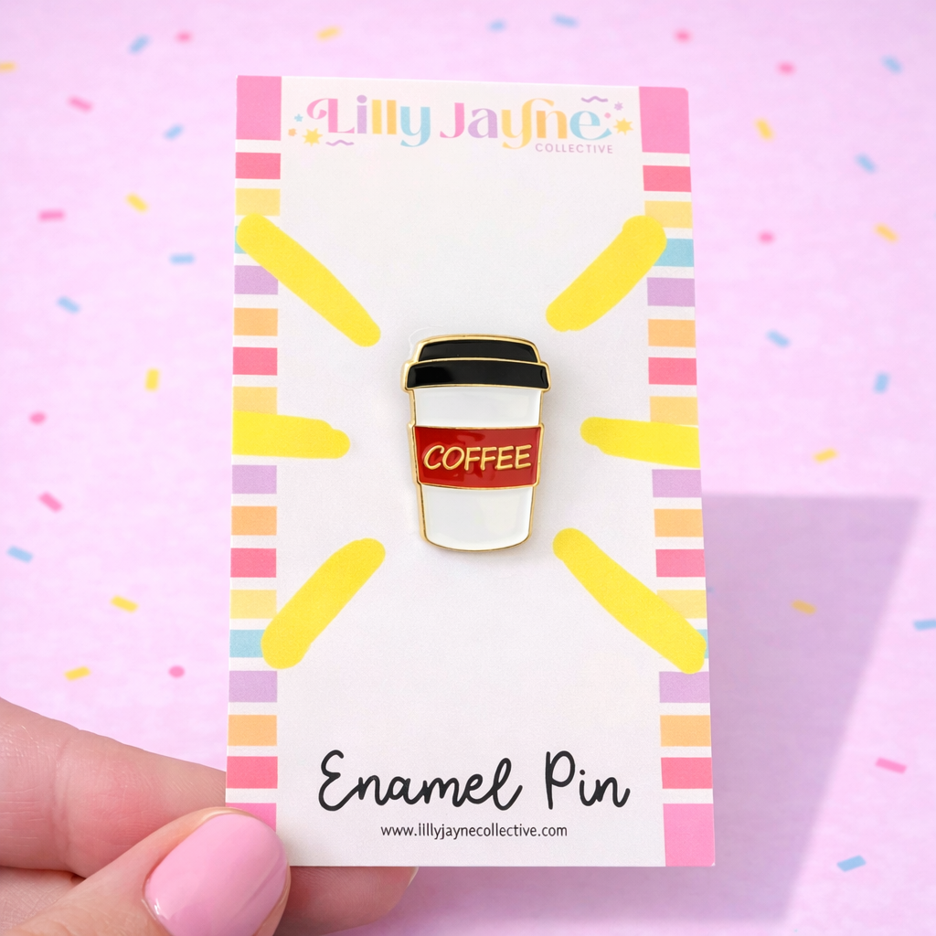 Coffee cup enamel pin on a colorful card with 'Lilly Jayne' branding