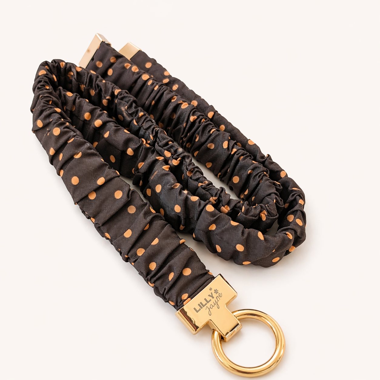 Mocha Dot Scrunchie Lanyard – Stretchy, Safe & Cute (49cm + Stretch)