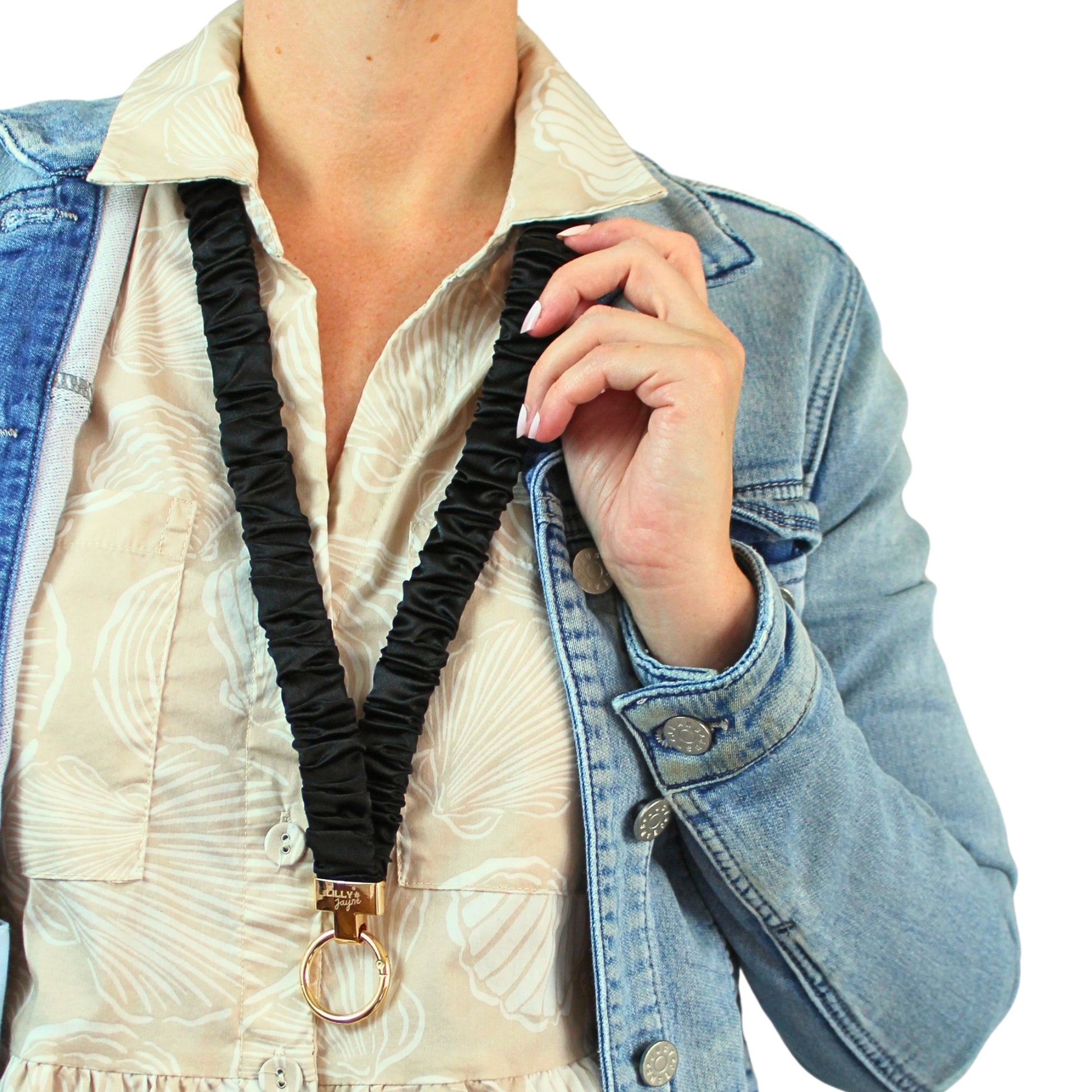 black scrunchie lanyard with gold Lilly jayne collective brand clip