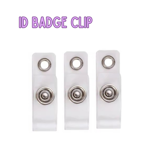 Three ID badge clips on white background with 'ID Badge Clip' text above.