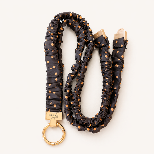 Mocha Dot Scrunchie Lanyard – Stretchy, Safe & Cute (49cm + Stretch)