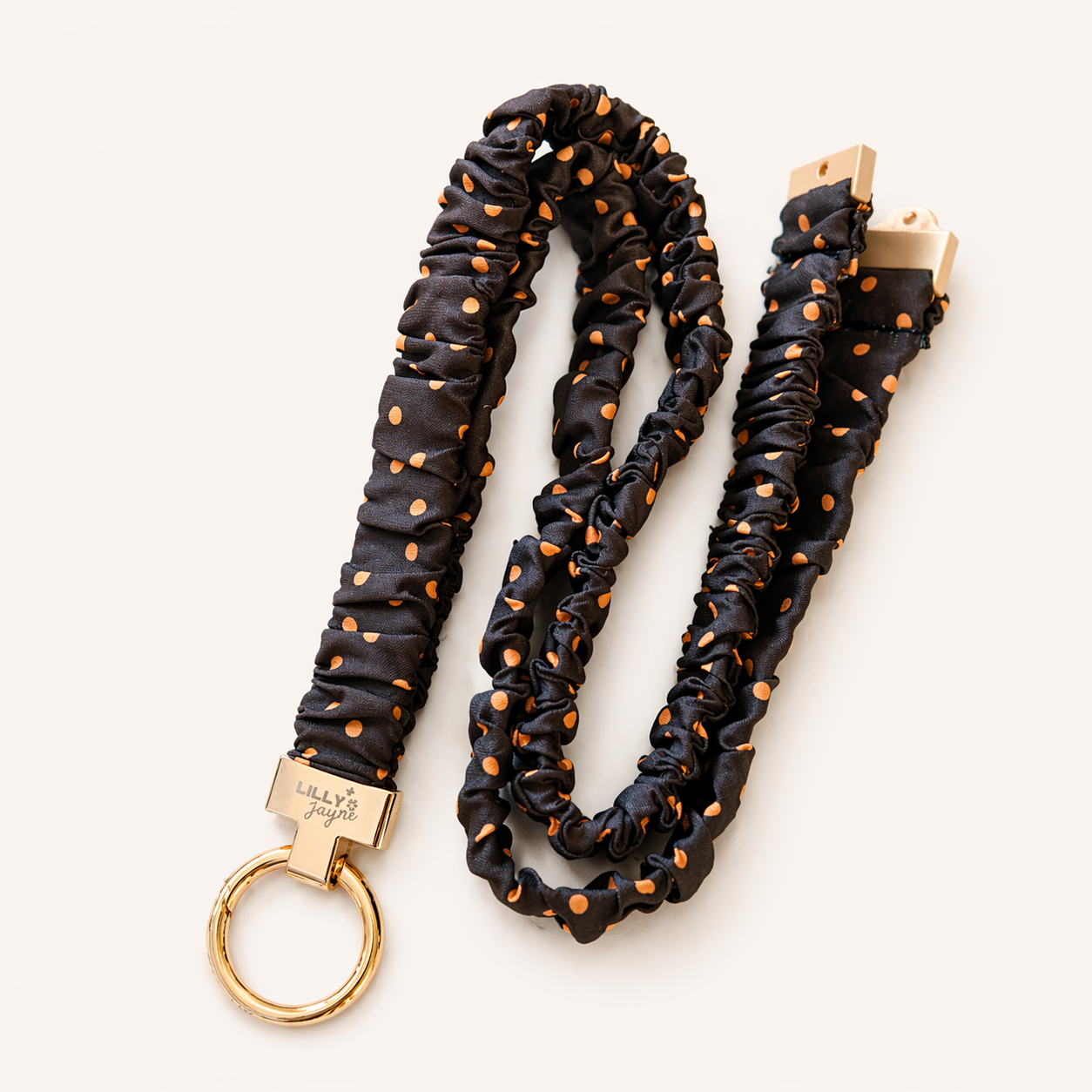 Mocha Dot Scrunchie Lanyard – Stretchy, Safe & Cute (49cm + Stretch)