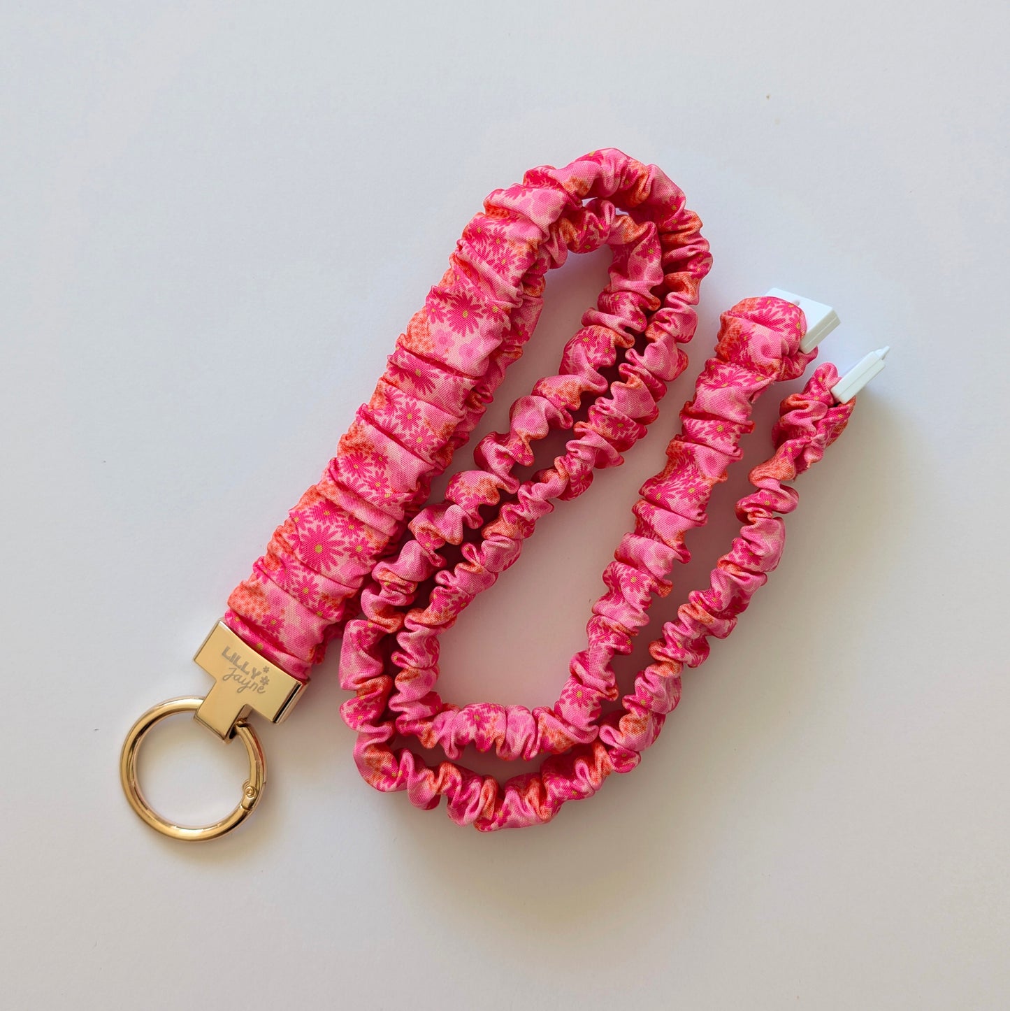 pink scrunchie lanyard with gold Lilly jayne collective brand clip