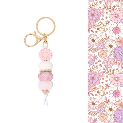 Pink floral keyring with gold clip