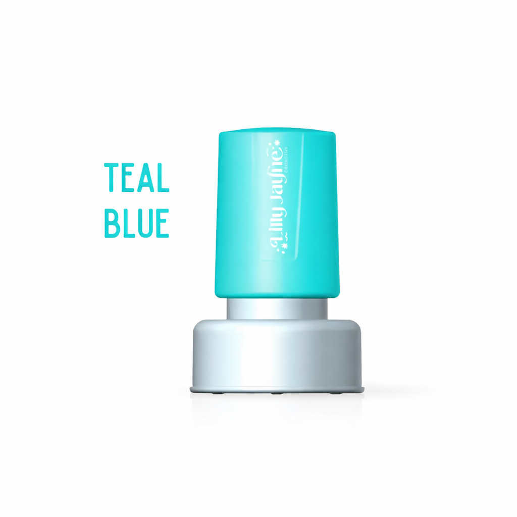 Teal blue nail polish bottle with white cap on a white background